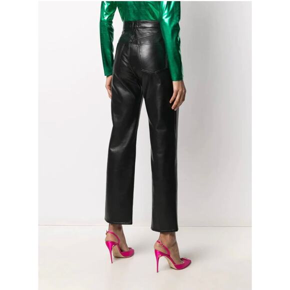 AGOLDE 90`s Pinch Waist Recycled Leather Straight Leg Black Womens Size 28 - Picture 2 of 16